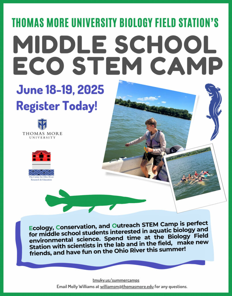 Graphic with Middle School ECO STEM Camp dates June 18 and 19, 2025, and photos of middle school students on the Ohio River. 