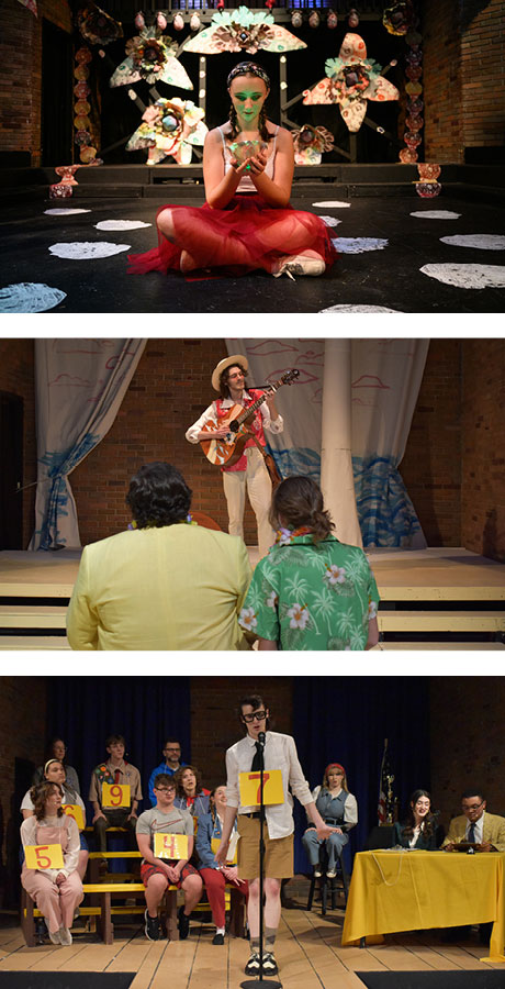 Images of theater productions including Shakespeare's Midsummer Night's Dream and 12th Night, and The Spelling Bee, with students in lead roles onstage.