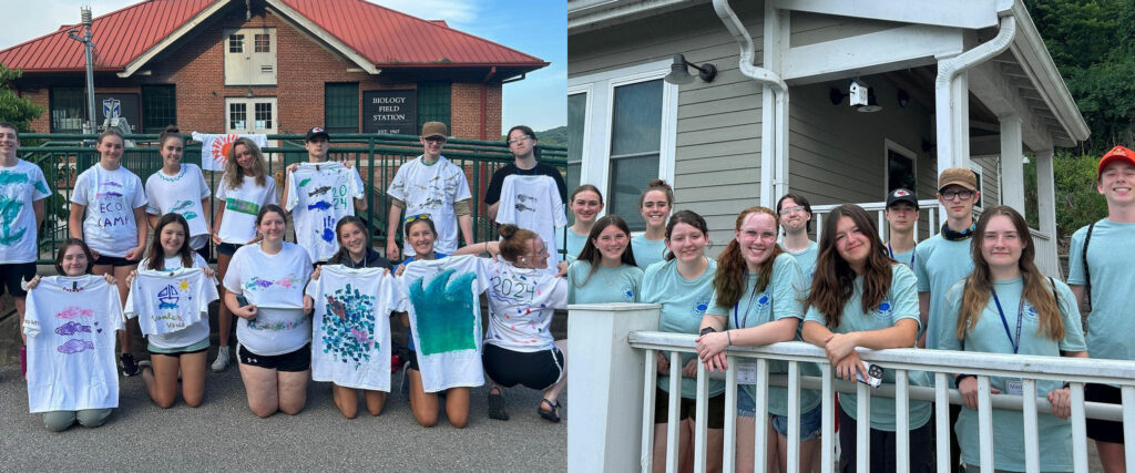 Campers in front of the Biology Field Station and lodge in California, Kentucky.